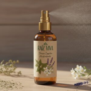 quiero un tonico el cual contiene un frasco de 100 ml ambar, el cual contiene una etiqueta que dice raiz viva, tonico capilar hidratante, algunas plantas como ortiga, lavanda, jazmin, las plantas seria solo su imagen no le pongas el nobre, y es un atomizador