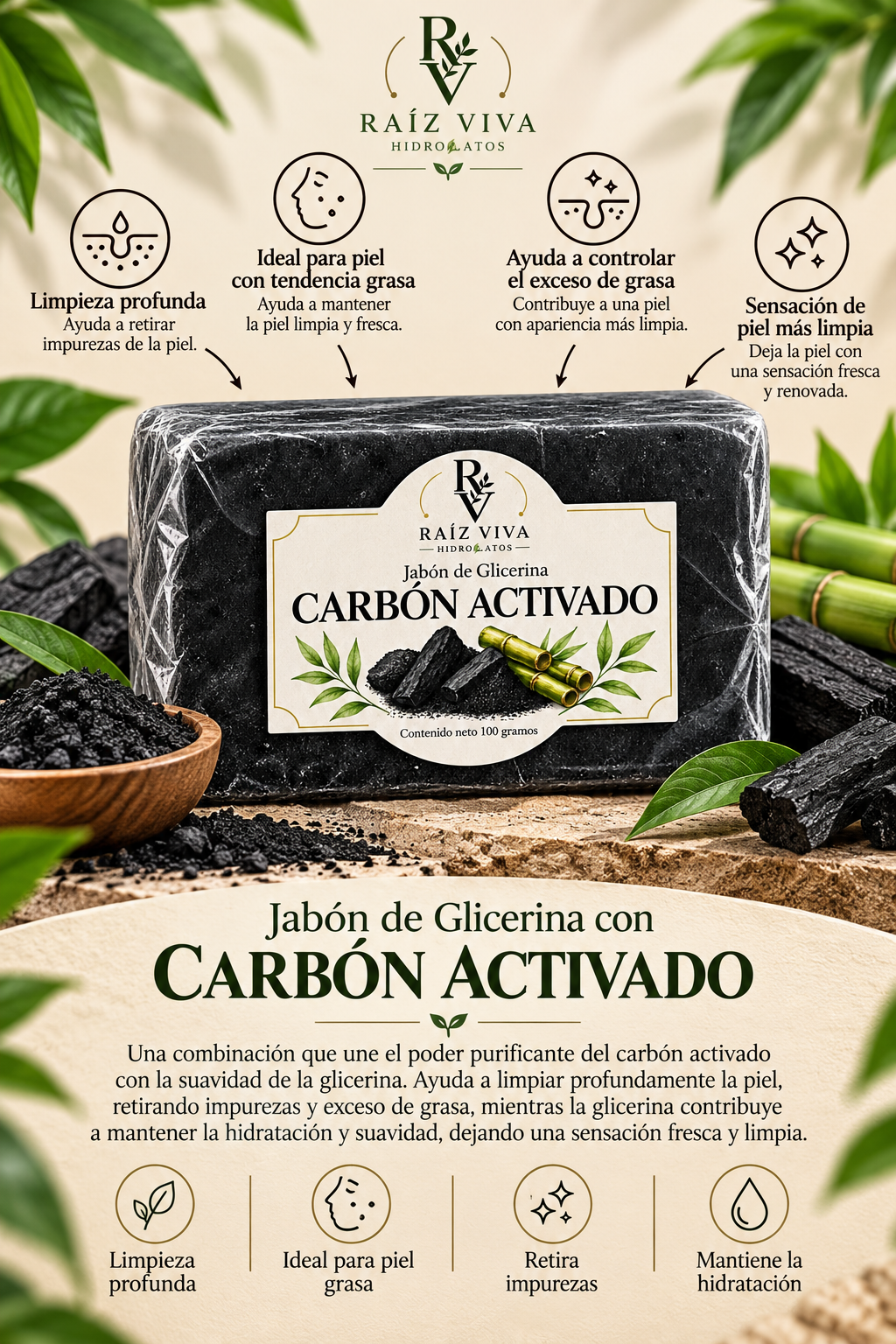 Jabón de glicerina con carbón activado de Raíz Viva