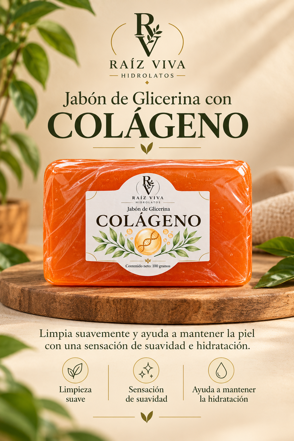 Jabón de glicerina con colágeno de Raíz Viva