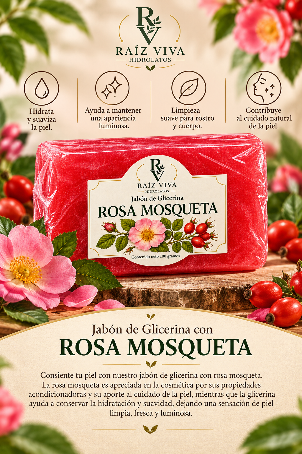 Jabón de glicerina con rosa mosqueta de Raíz Viva