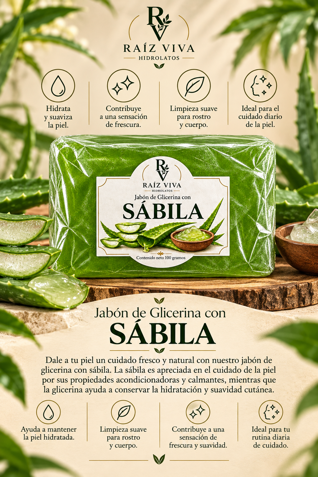 Jabón de glicerina con sábila de Raíz Viva