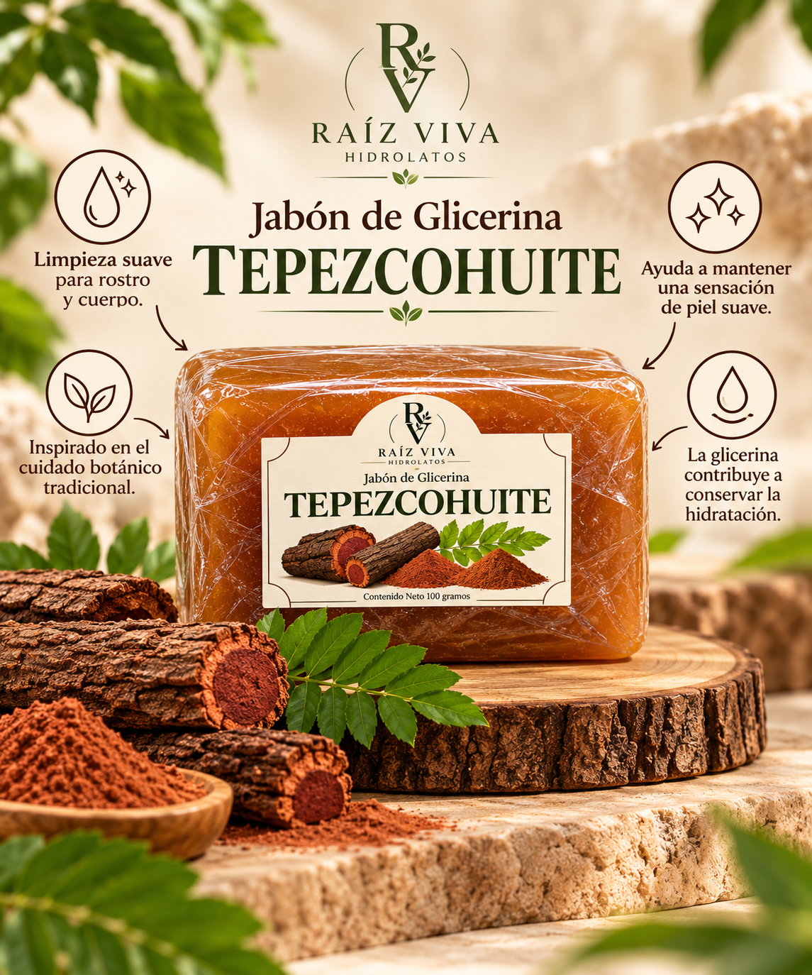Jabón de glicerina con tepezcohuite de Raíz Viva