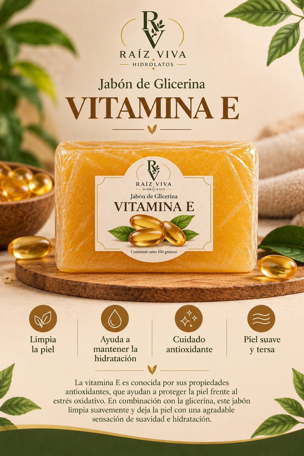 Jabón de glicerina con vitamina E de Raíz Viva