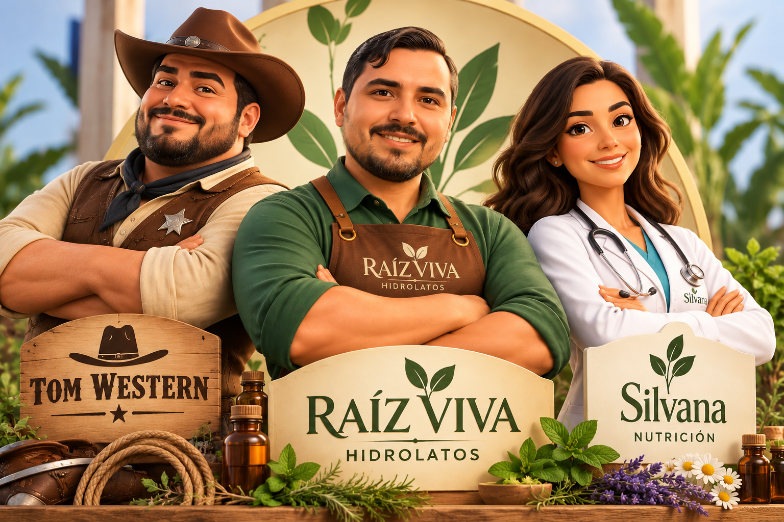 Ilustración 3D de los socios comerciales de Raíz Viva Hidrolatos, Tom Western Wear y Silvana Nutrición